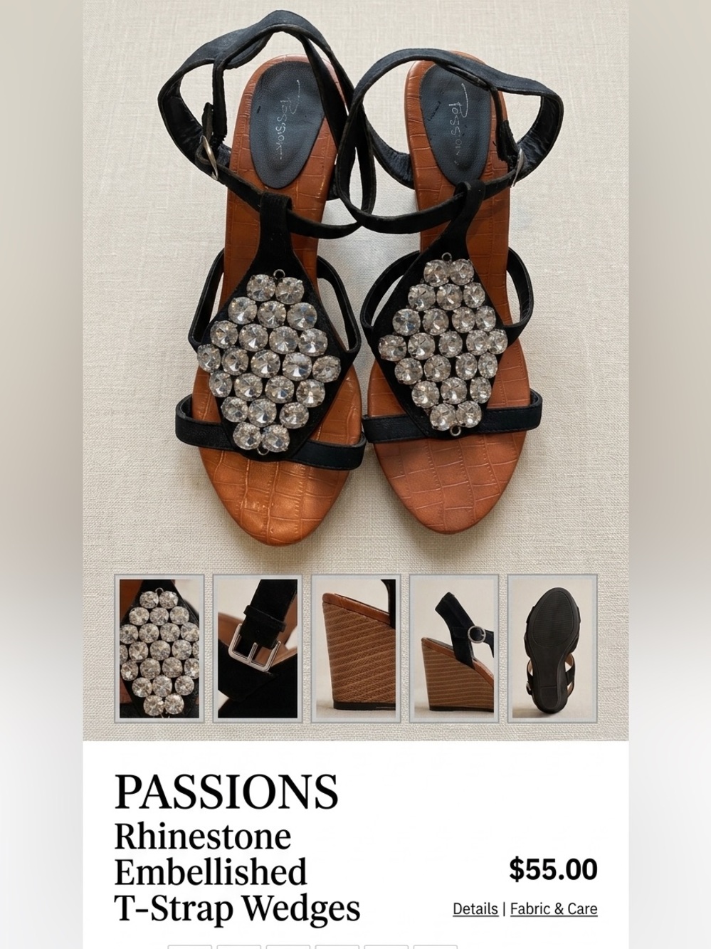 Rhinestone Embellished Black T-Strap Wedge Sandals